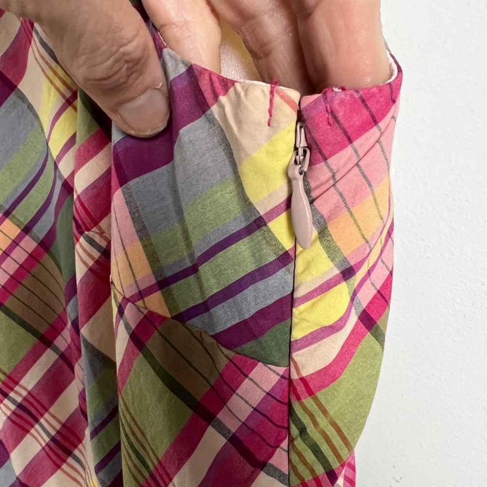 J. Crew Women's 8 Pink & Green Plaid Ruffle Waist Pockets Midi Dress - Picture 10 of 13